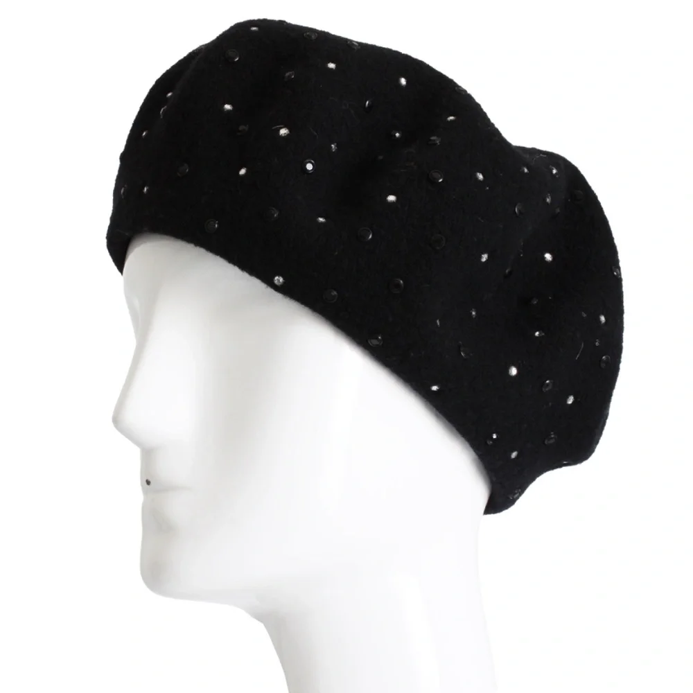 Norma Kamali OMO Hat Beret Black Wool Embellished Rare Retro Vintage 80s